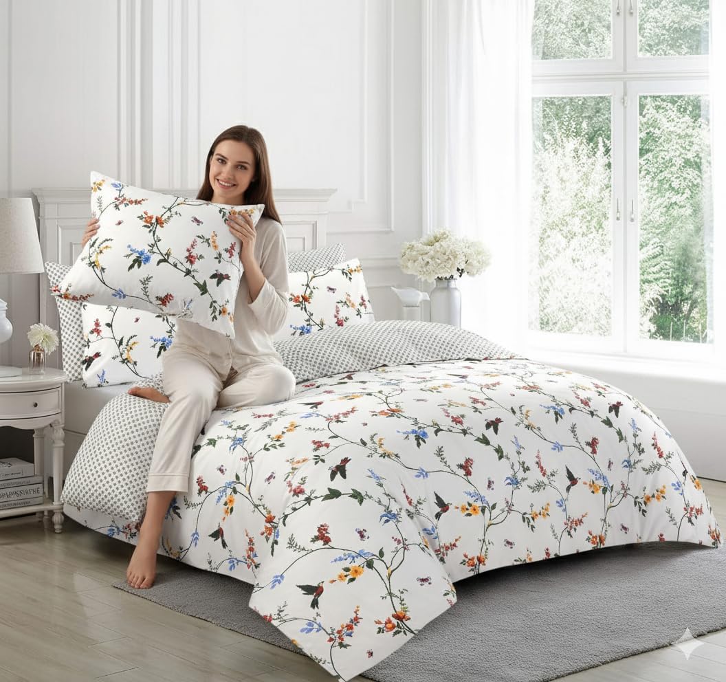 Woman holding a hummingbird print pillowcase from the white floral duvet cover set