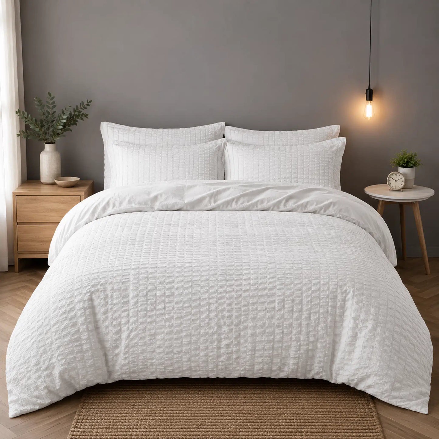 White seersucker duvet cover set with softly puckered checked texture