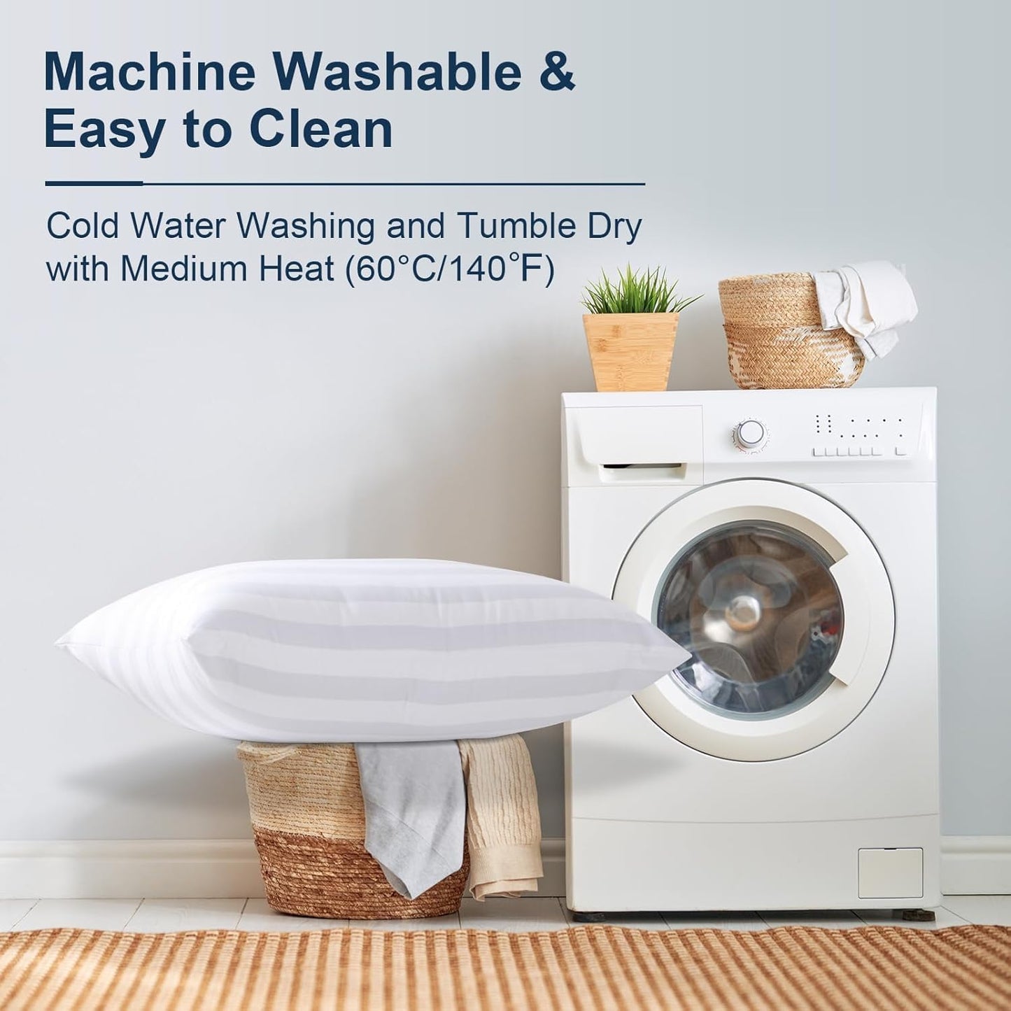 Machine washable white stripe pillow for easy care