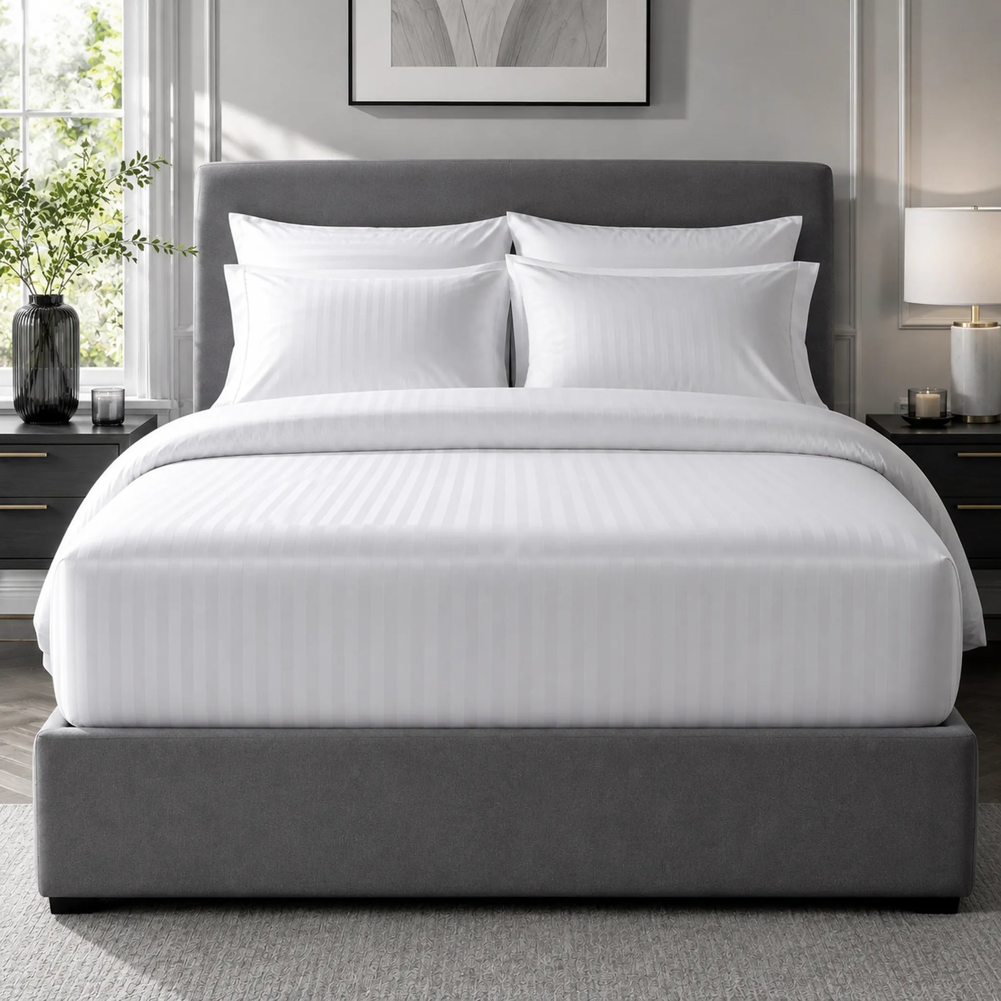 White striped 600 thread count 40cm extra deep fitted sheet on a bed